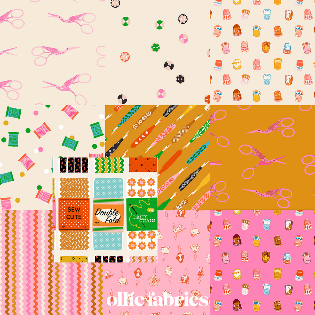 Fabric with colorful patterns and a Ruby Star Society label on a white background