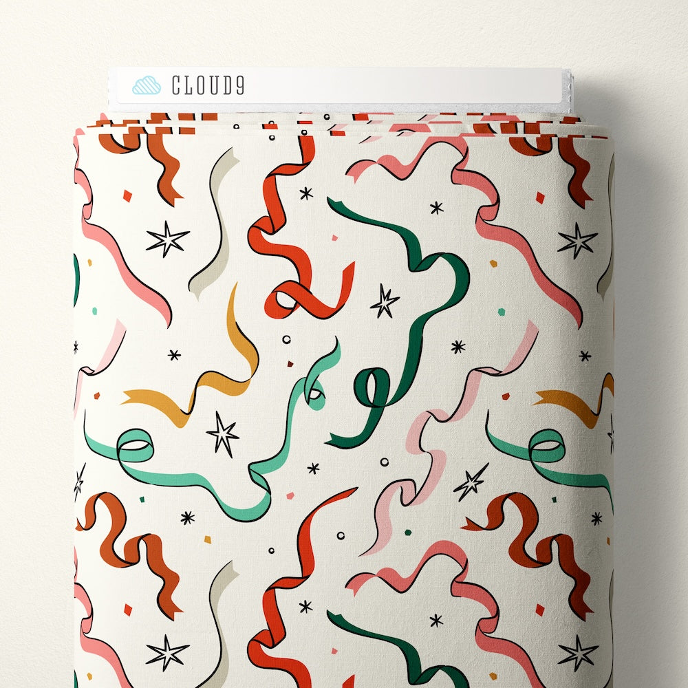 Colorful ribbons and stars pattern on a white background