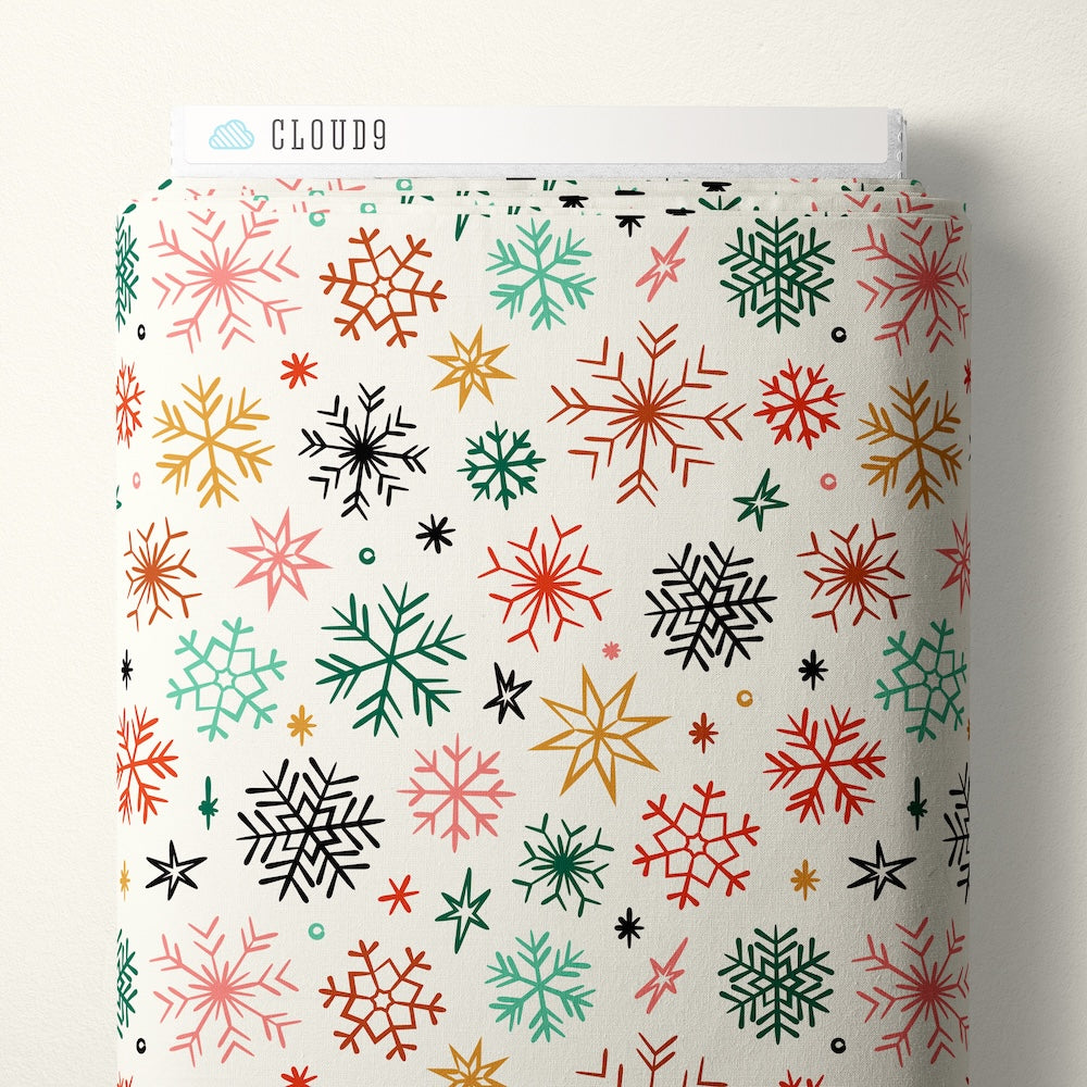 Pattern of colorful snowflakes on a white background
