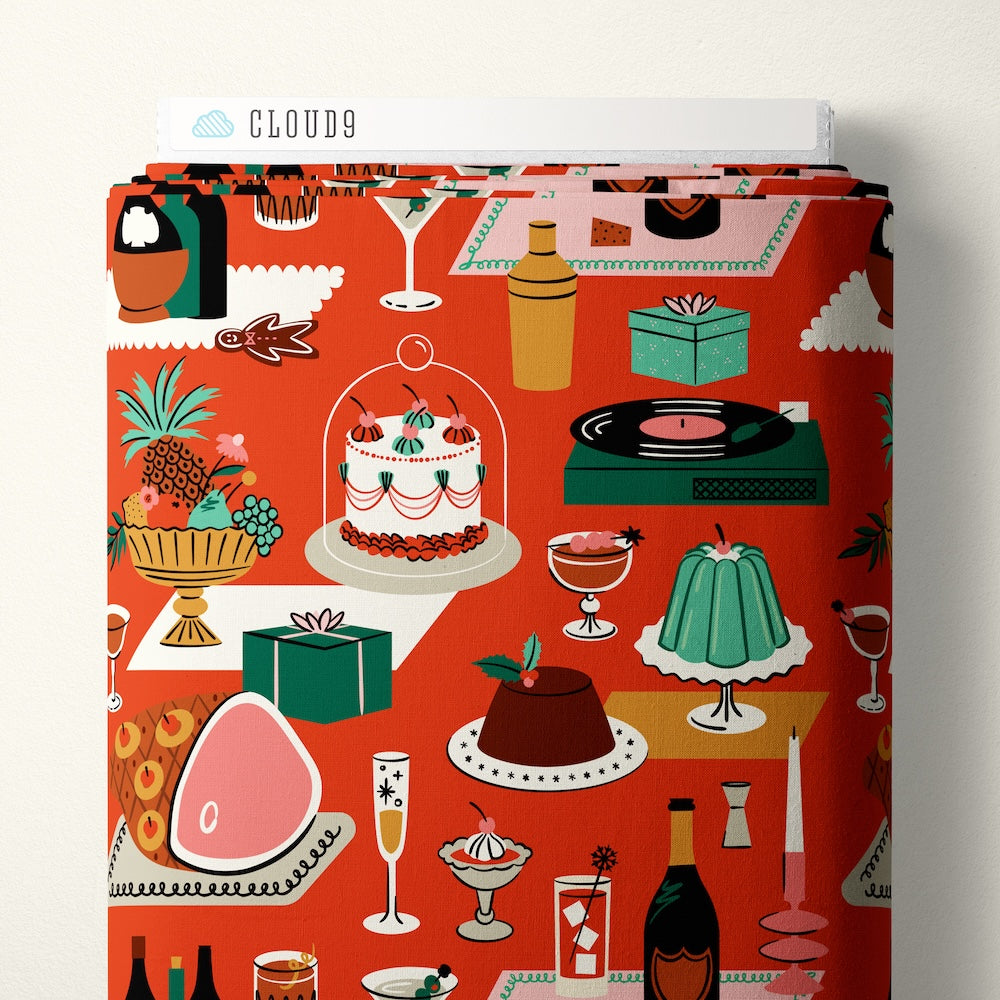 Illustrated pattern of a festive table setting with food, drinks, and decorative elements on a red background.