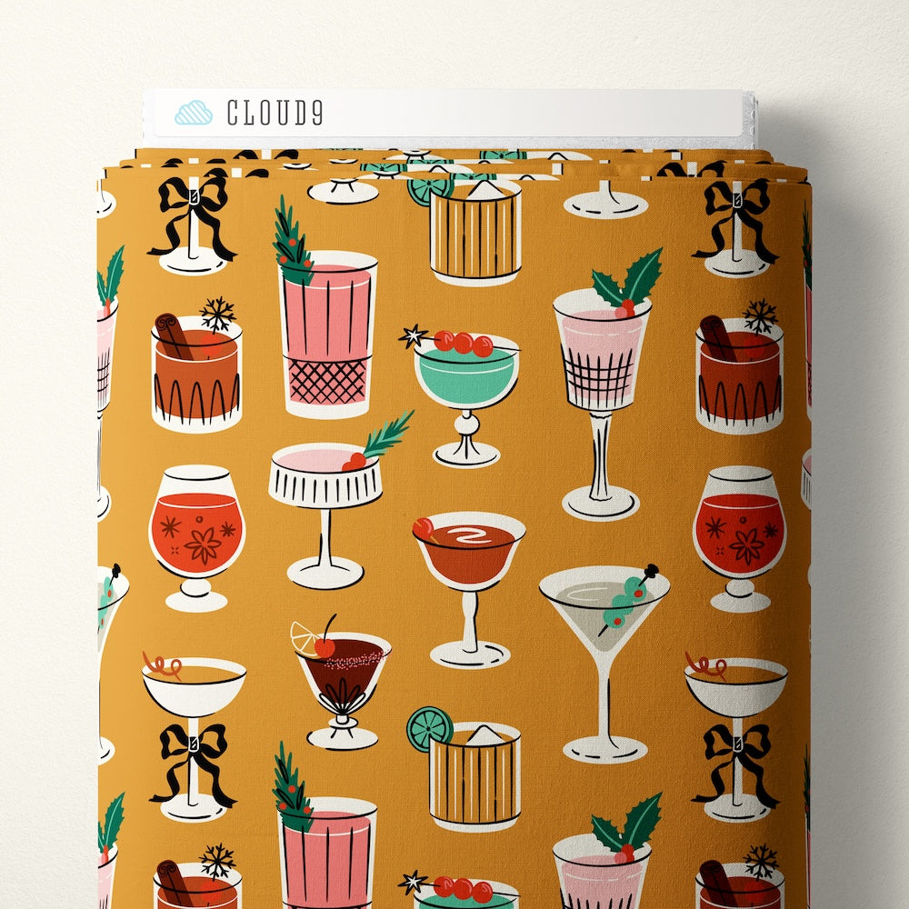 Pattern of various cocktails in glasses on a mustard yellow background