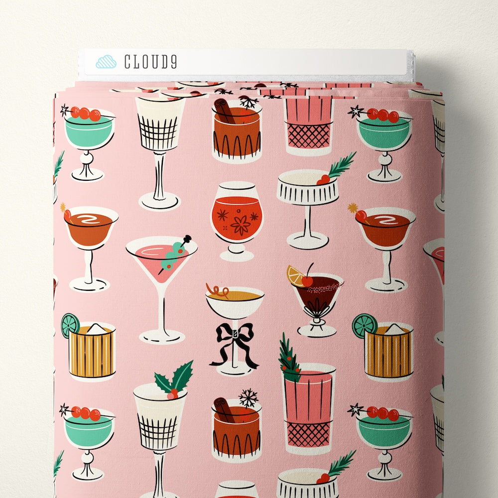 Pattern of various cocktails in glassware on a pink background
