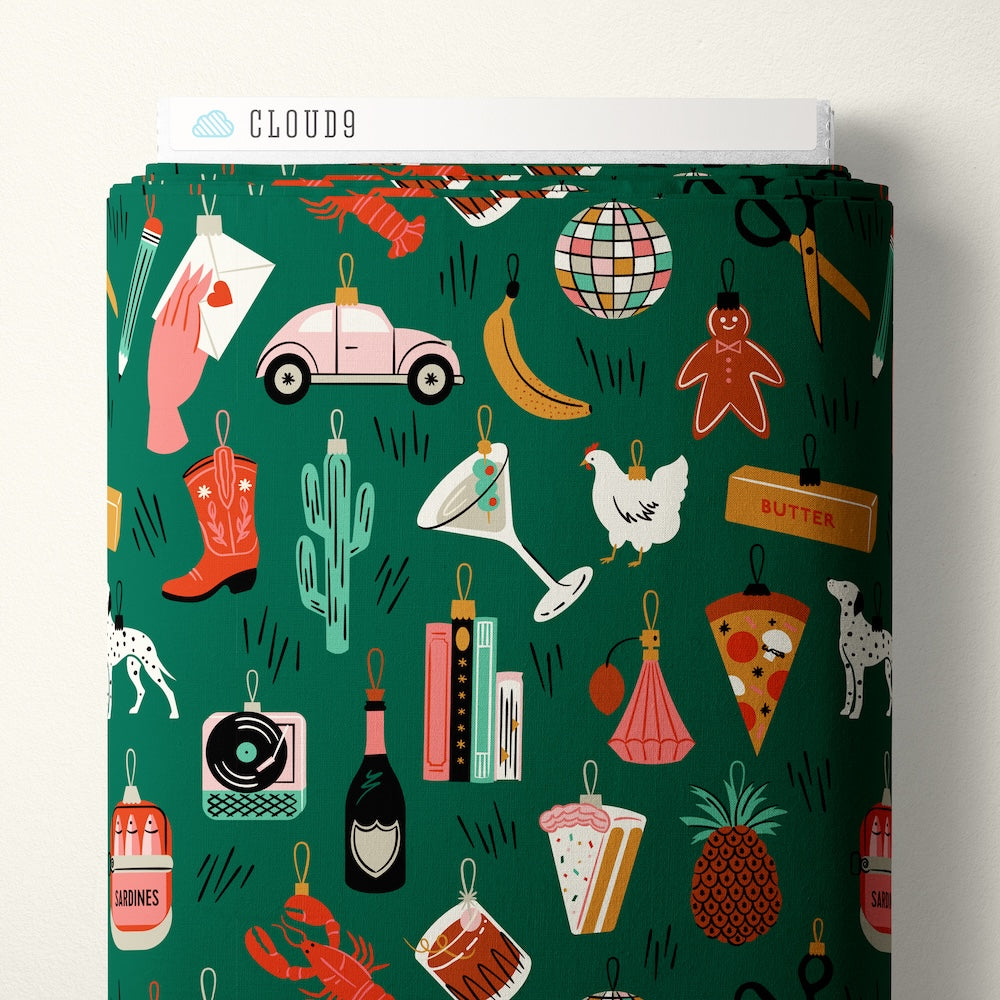 Colorful pattern with various holiday objects on a green background