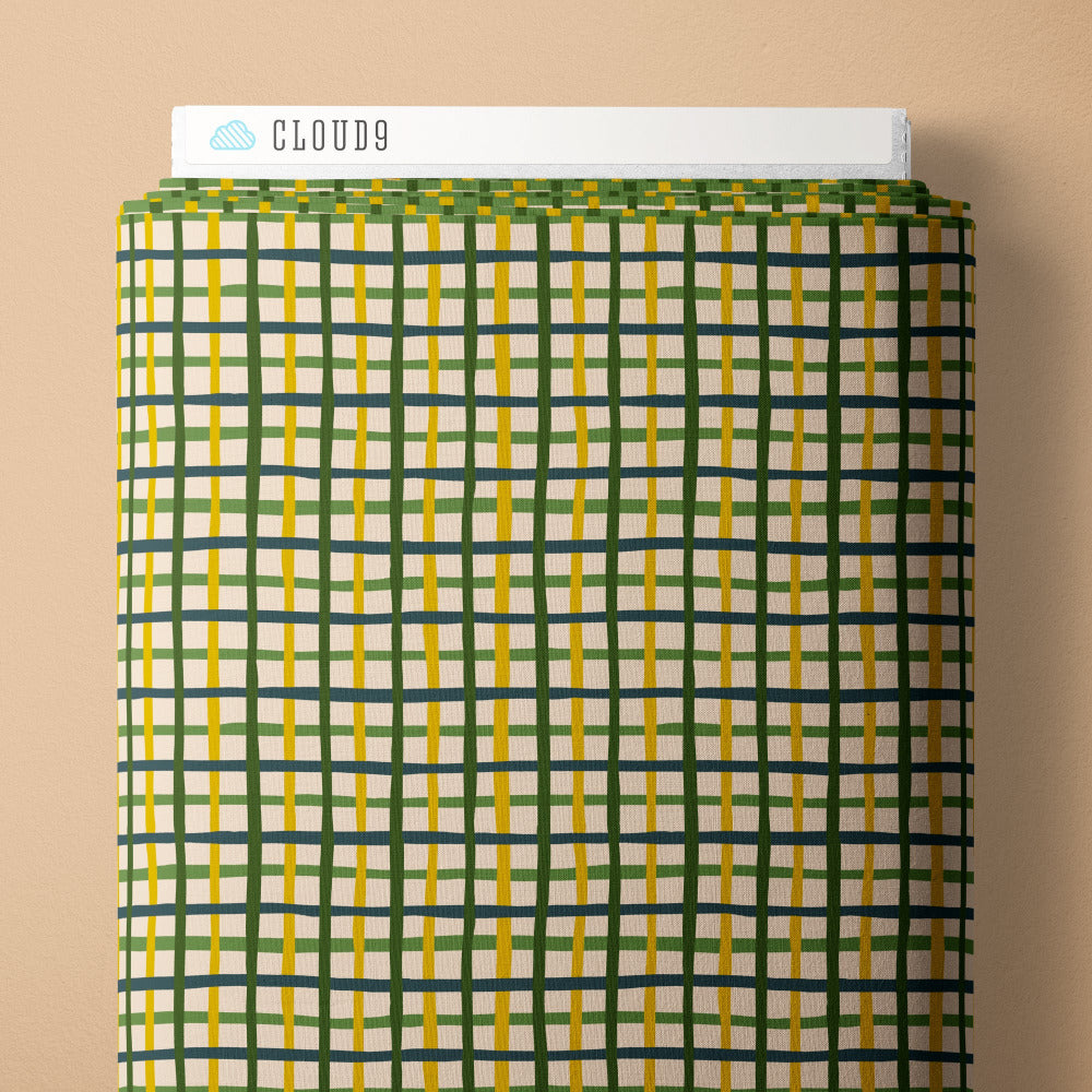 Plaid pattern with green and yellow lines on a white background, fabric