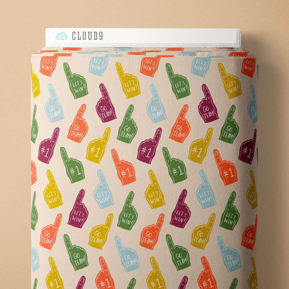 Pattern of colorful foam fingers with text on a beige background fabric