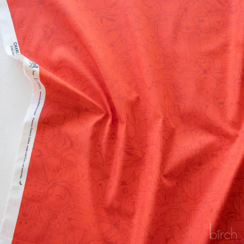 Pattern of dark red line art of animals on a red background