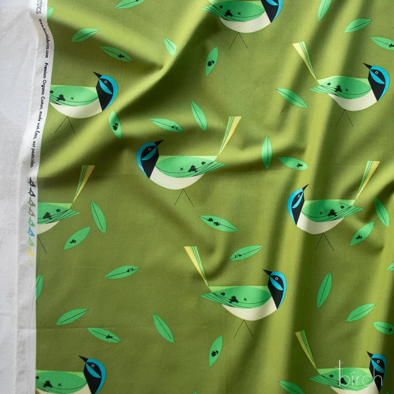 Pattern of green birds with blue faces on a green background