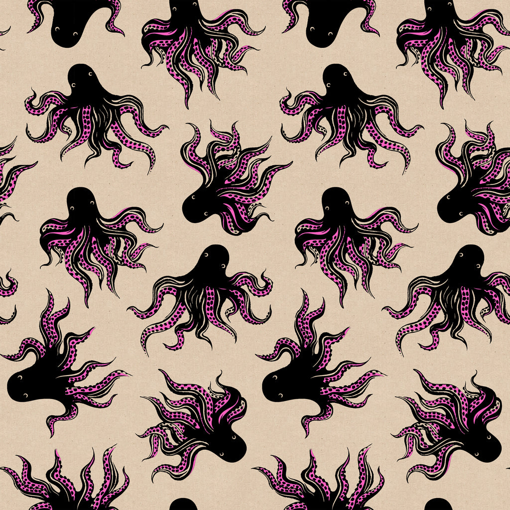 Pattern of black and pink octopuses on a beige background with Ruby Star Society label.