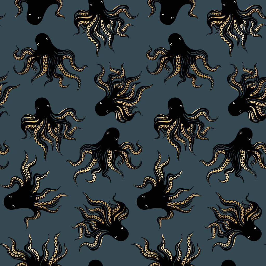 Pattern of black and gold octopuses on a dark blue-gray background.