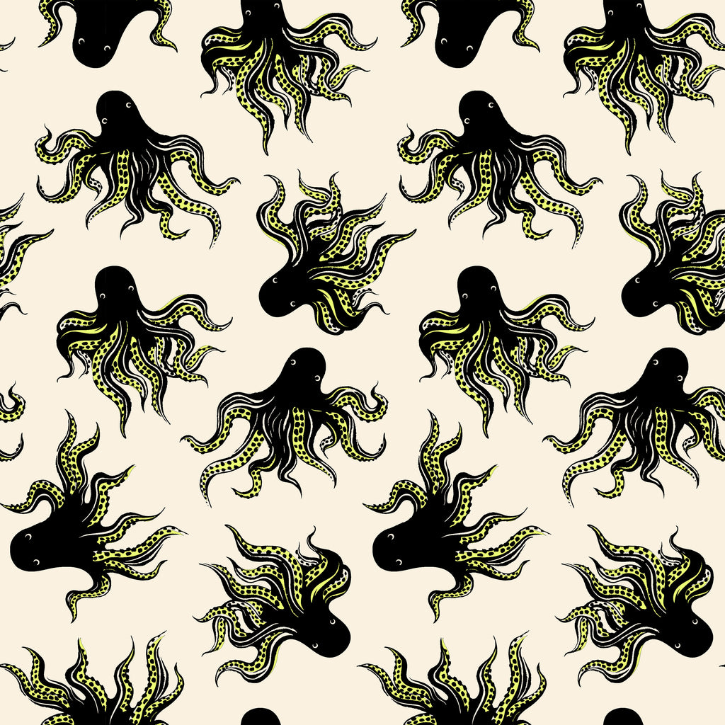Pattern of black and yellow octopus tentacles on a beige background with Ruby Star Society label.