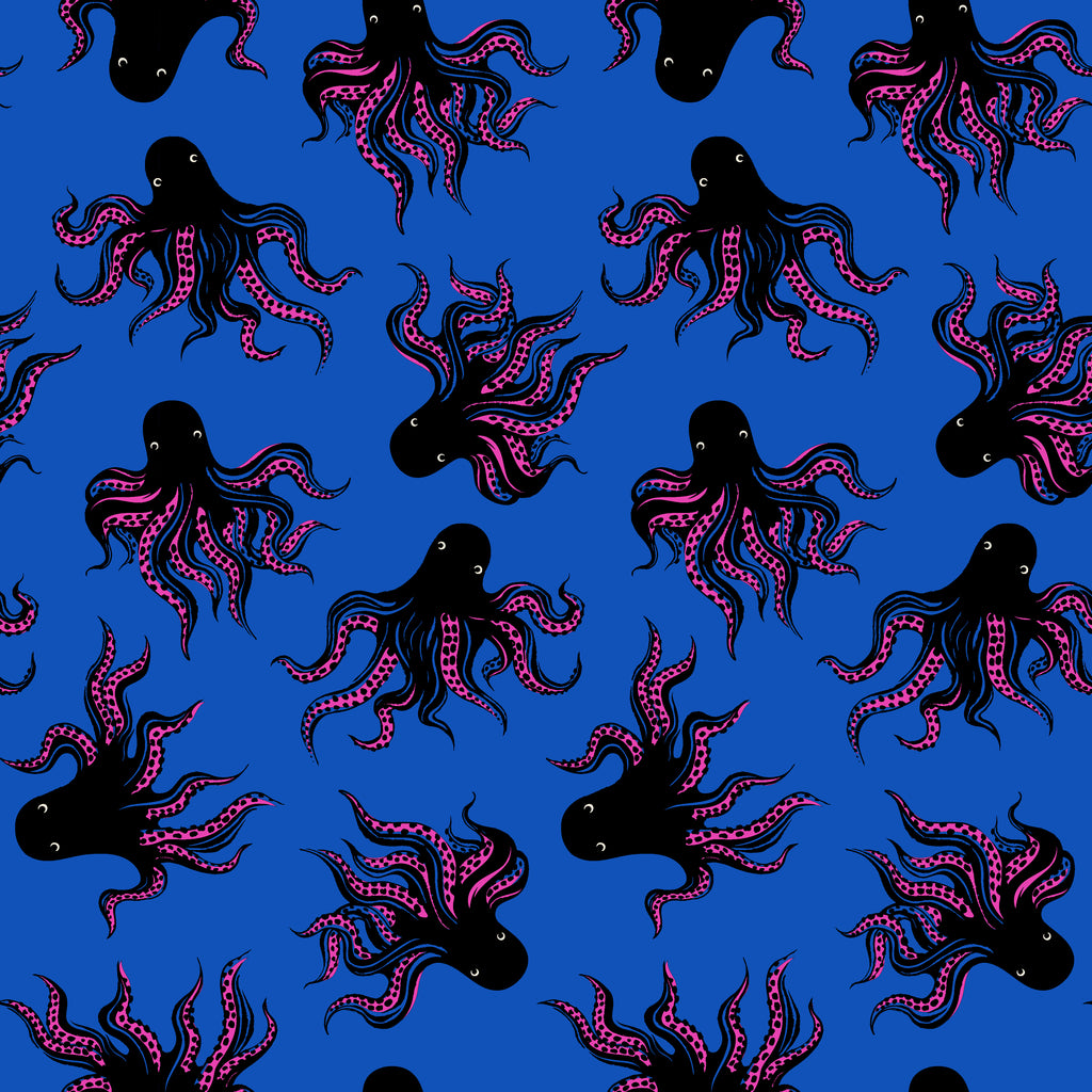 Pattern of black and pink octopuses on a blue background with Ruby Star Society label.
