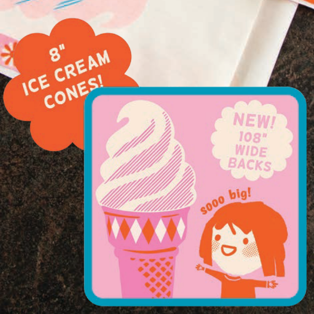 A repeating pattern of stylized ice cream cones on a bright yellow background, with pink and blue swirls and waffle-cone shapes. A black strip at the bottom reads 'RUBY STAR SOCIETY' repeatedly.