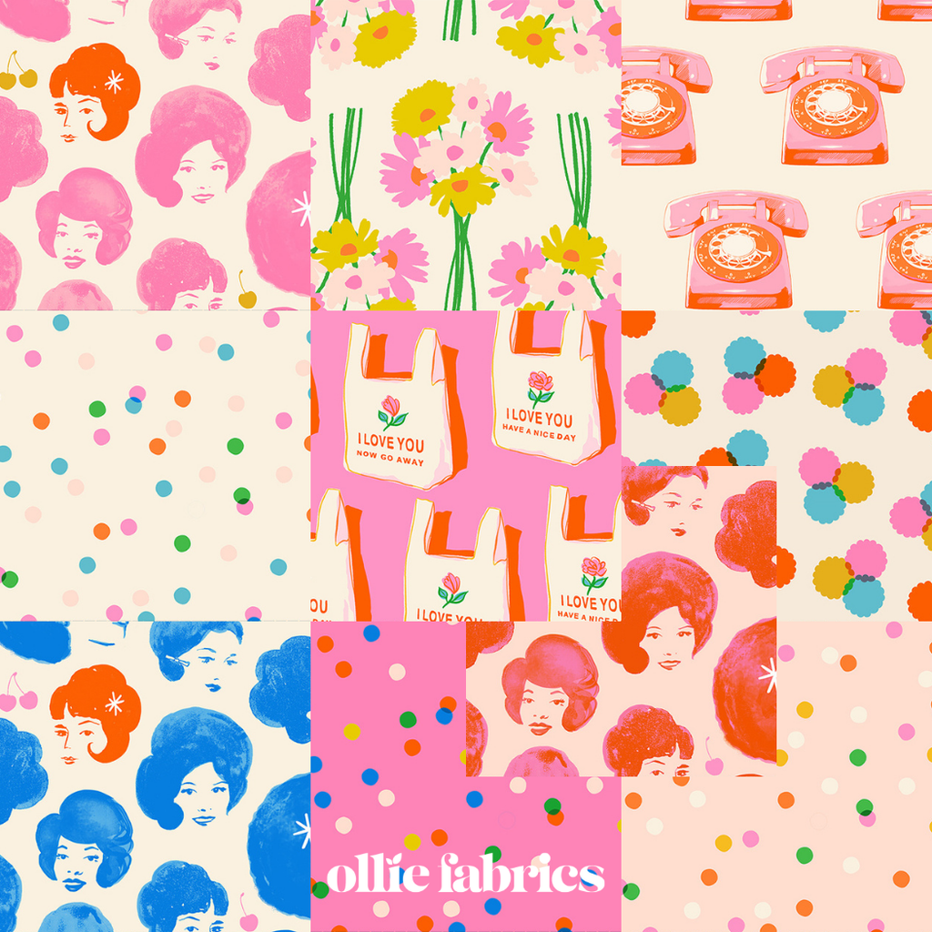 Fabric bundle of 5" squares with face designs and a label reading Sparkle Mart on a white background