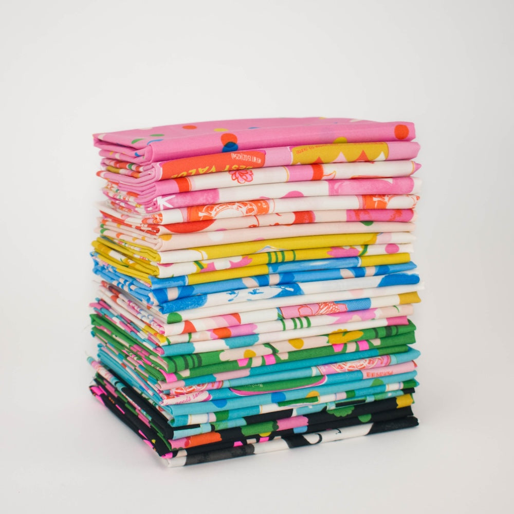 A circular arrangement of colorful patterned fabric swatches on a white background, featuring floral, polka dot, animal, and vintage-style prints in pink, blue, green, yellow, black, and orange.